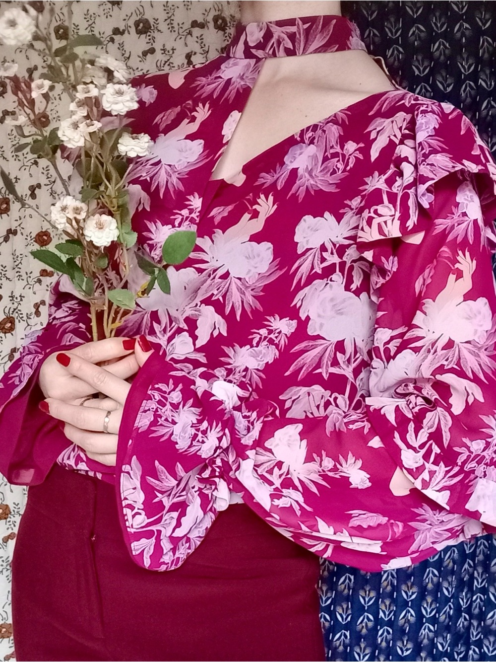 Three Floor ❉ Florry Georgette Asymmetrical Ruffle Choker Blouse Floral Size 10